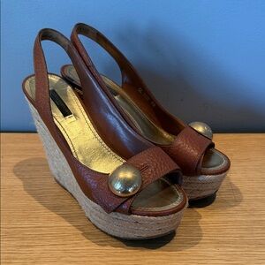 Louis Vuitton Brown Wedge Slingback Sandals